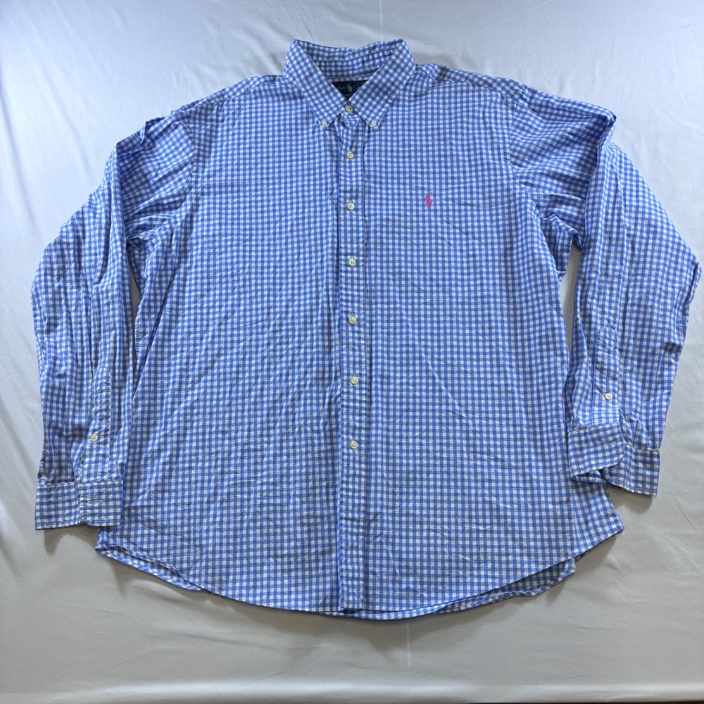 Ralph Lauren Mens XXL Blue Gingham Check Button Down Shirt Custom Fit Pink Pony